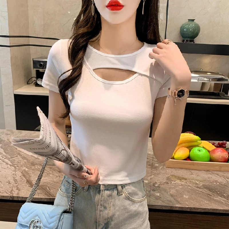 Hollow Out Pure Color Short T-Shirt 6 Hollow Out Pure Color Short T-Shirt - Image 4