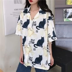 Vintage Cat Print Button Down T-Shirts 13 Vintage Cat Print Button Down T-Shirts -Kawaii Fashion Shop Shirts Women Vintage Cat Printed Korean Basic Loose Chic Design Ladies Clothing Girls Daily College Street 4