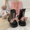 Kawaii Bow Tie Lolita Flat Platform Boots -Kawaii Fashion Shop Shoes Women Pink Bow Boots Woman Student Short Boots British Style Thick Bottom Plus Velvet All