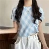 Kawaii Blue Diamond Check Casual T-shirt -Kawaii Fashion Shop Short Sleeve T shirt Women Summer Plaid Retro Harajuku Crop Top All match Slim Design Trendy