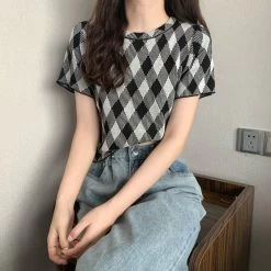 Kawaii Blue Diamond Check Casual T-shirt -Kawaii Fashion Shop Short Sleeve T shirt Women Summer Plaid Retro Harajuku Crop Top All match Slim Design Trendy 2