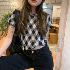 Kawaii Blue Diamond Check Casual T-shirt -Kawaii Fashion Shop Short Sleeve T shirt Women Summer Plaid Retro Harajuku Crop Top All match Slim Design Trendy 3
