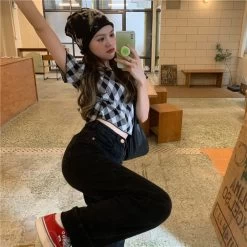 Kawaii Blue Diamond Check Casual T-shirt -Kawaii Fashion Shop Short Sleeve T shirt Women Summer Plaid Retro Harajuku Crop Top All match Slim Design Trendy 4