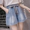 Cute Ribbon Skater Denim Shorts -Kawaii Fashion Shop Shorts Women Summer Denim Washed Plus Size 5XL Elastic waist Waistband A line Wide leg Loose