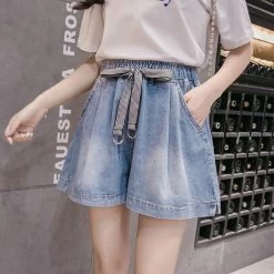 Cute Ribbon Skater Denim Shorts -Kawaii Fashion Shop Shorts Women Summer Denim Washed Plus Size 5XL Elastic waist Waistband A line Wide leg Loose 2