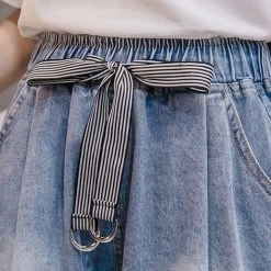 Cute Ribbon Skater Denim Shorts -Kawaii Fashion Shop Shorts Women Summer Denim Washed Plus Size 5XL Elastic waist Waistband A line Wide leg Loose 4