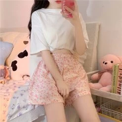 Kawaii Floral Shorts -Kawaii Fashion Shop Shorts Women Sweet Fashion Elegant High Waist Summer New Loose Floral Leisure All match Korean Style 1