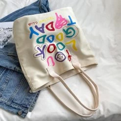 Rainbow Colored Alphabet Smiley Shoulder Bag -Kawaii Fashion Shop Simply Portable Large Capacity Tote Bag Women s 2022 New Fashion Versatile Canvas Handbag Purse Cute 2