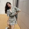 Retro Plaid Split Short Skirt -Kawaii Fashion Shop Sister Fara Fashion Summer Plaid Short Sleeve Blazer Women s Two Piece Suit High Waist Button