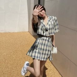 Retro Plaid Split Short Skirt 10 Retro Plaid Split Short Skirt -Kawaii Fashion Shop Sister Fara Fashion Summer Plaid Short Sleeve Blazer Women s Two Piece Suit High Waist Button 2