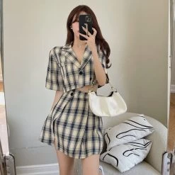 Retro Plaid Split Short Skirt 11 Retro Plaid Split Short Skirt -Kawaii Fashion Shop Sister Fara Fashion Summer Plaid Short Sleeve Blazer Women s Two Piece Suit High Waist Button 3