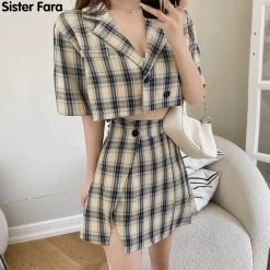 Retro Plaid Split Short Skirt 13 Retro Plaid Split Short Skirt -Kawaii Fashion Shop Sister Fara Fashion Summer Plaid Short Sleeve Blazer Women s Two Piece Suit High Waist Button 5
