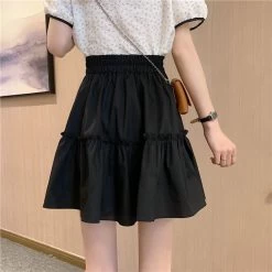 Solid Sweet Ruffles A-line Skirts -Kawaii Fashion Shop Skirts Women Ball Gown Solid Sweet Lovely Elegant Preppy Style Simple Ruffles A line Slim Elastic 2