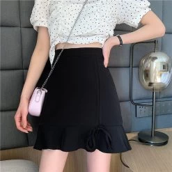 Korean Fashion Ruffled Fishtail Skirt 9 Korean Fashion Ruffled Fishtail Skirt -Kawaii Fashion Shop Skirts Women Irregular Pleated Drawstring Solid Chic Leisure Womens Mini Skirt Korean Style All match Sexy 1