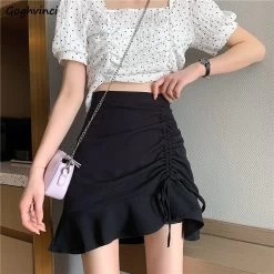 Korean Fashion Ruffled Fishtail Skirt 12 Korean Fashion Ruffled Fishtail Skirt -Kawaii Fashion Shop Skirts Women Irregular Pleated Drawstring Solid Chic Leisure Womens Mini Skirt Korean Style All match Sexy 4