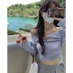 Knitted Off-The-Shoulder Sweater -Kawaii Fashion Shop Slash neck Halter neck knitted sweater spring design sense strap collarbone cropped top 4