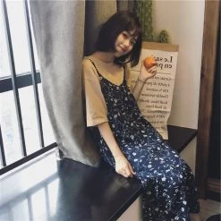 Floral Print Spaghetti-Strap A-line Dress -Kawaii Fashion Shop Sleeveless Dress Women Backless Floral Printed Vintage Slim Baggy Draped Over Knees Student Retro Chiffon Vestido 2