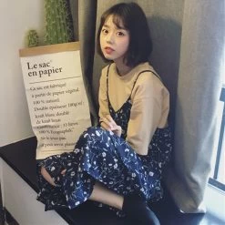 Floral Print Spaghetti-Strap A-line Dress -Kawaii Fashion Shop Sleeveless Dress Women Backless Floral Printed Vintage Slim Baggy Draped Over Knees Student Retro Chiffon Vestido 3