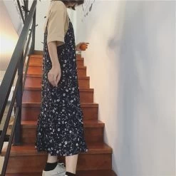 Floral Print Spaghetti-Strap A-line Dress -Kawaii Fashion Shop Sleeveless Dress Women Backless Floral Printed Vintage Slim Baggy Draped Over Knees Student Retro Chiffon Vestido 4