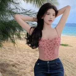 Kawaii Floral Panel Cropped Camisole Top 8 Kawaii Floral Panel Cropped Camisole Top -Kawaii Fashion Shop Slim Floral Camis Top Woman Clothes 2022 Summer Beach Outer Wear Sweet And Sexy Girl Inner 2