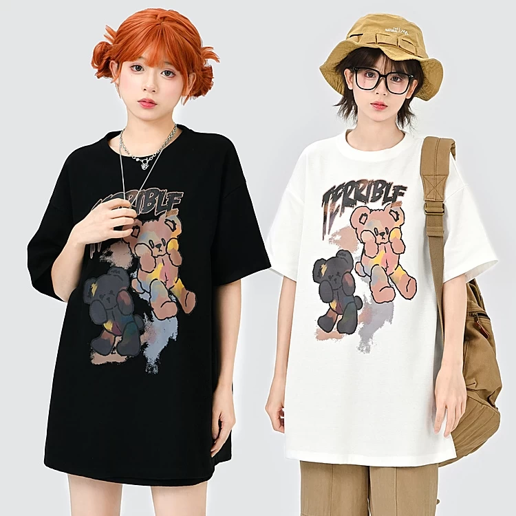 Soft Girl Style Black Loose Cartoon Bear T-shirt 3 Soft Girl Style Black Loose Cartoon Bear T-shirt