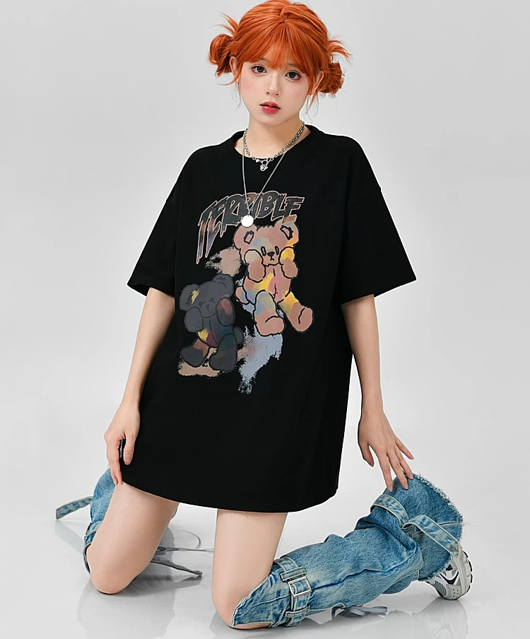 Soft Girl Style Black Loose Cartoon Bear T-shirt 8 Soft Girl Style Black Loose Cartoon Bear T-shirt - Image 6