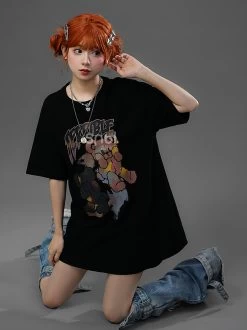 Soft Girl Style Black Loose Cartoon Bear T-shirt 17 Soft Girl Style Black Loose Cartoon Bear T-shirt -Kawaii Fashion Shop Soft Girl Style Black Loose Cartoon Bear T Shirt 9