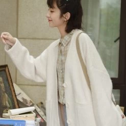 Soft Girl Style White Knitted Cardigan -Kawaii Fashion Shop Soft Girl Style White Knitted Cardigan 5