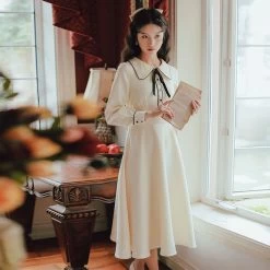 Peter Pan Bow Midi Dresses 6 Peter Pan Bow Midi Dresses -Kawaii Fashion Shop Solid Long Sleeve Bow Peter Pan Collar Dress Women s Clothing 2021 Spring Autumn New Vintage 1