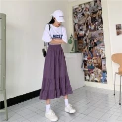 Solid Color Ruffle Mid-length Skirt 12 Solid Color Ruffle Mid-length Skirt -Kawaii Fashion Shop Solid Purple Casual Y2k Pleated Maxi A Line Black Skirt Ruffles Mujer Faldas High Waisted Korean 4