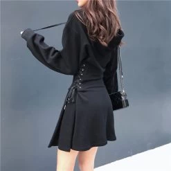 Corset Waist Hooded Dress -Kawaii Fashion Shop Spring 2020 Hooded Dress Women Lace Up Waist Slim Black Gothic Dress Female Short Mini Harajuku 1