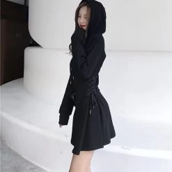 Corset Waist Hooded Dress -Kawaii Fashion Shop Spring 2020 Hooded Dress Women Lace Up Waist Slim Black Gothic Dress Female Short Mini Harajuku 2