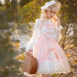 Kawaii Pink Large Lolita Jsk Dress Set -Kawaii Fashion Shop Spring Plus Size Large Lolita Set Jsk Dress With Shirt Chubby Plump Kawaii Girls Pink Suit 2