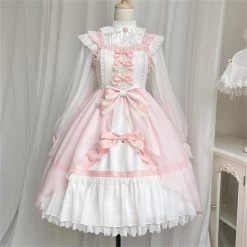 Kawaii Pink Large Lolita Jsk Dress Set -Kawaii Fashion Shop Spring Plus Size Large Lolita Set Jsk Dress With Shirt Chubby Plump Kawaii Girls Pink Suit 4