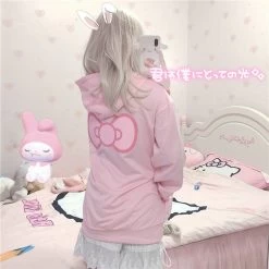 Kawaii Cozy Melody Pink Hoodie -Kawaii Fashion Shop Spring and summer new pink print cartoon oversized hoodie Japanese ins college style cute and sweet 3