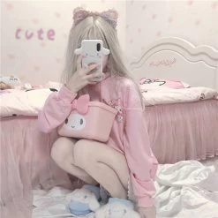 Kawaii Cozy Melody Pink Hoodie -Kawaii Fashion Shop Spring and summer new pink print cartoon oversized hoodie Japanese ins college style cute and sweet 4