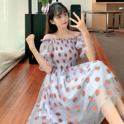 Kawaii Strawberry Fairy Dress -Kawaii Fashion Shop Strawberry Dress Women French Style Lace Chiffon Sweet Dress Casual Puff Sleeve Elegant Printed Kawaii Dress 2