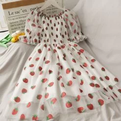 Kawaii Strawberry Fairy Dress -Kawaii Fashion Shop Strawberry Dress Women French Style Lace Chiffon Sweet Dress Casual Puff Sleeve Elegant Printed Kawaii Dress 3