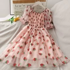 Kawaii Strawberry Fairy Dress -Kawaii Fashion Shop Strawberry Dress Women French Style Lace Chiffon Sweet Dress Casual Puff Sleeve Elegant Printed Kawaii Dress 4