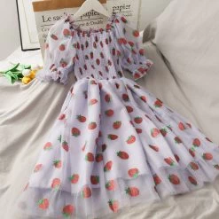 Kawaii Strawberry Fairy Dress -Kawaii Fashion Shop Strawberry Dress Women French Style Lace Chiffon Sweet Dress Casual Puff Sleeve Elegant Printed Kawaii Dress 5