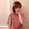 Cute Pink Strawberry Embroidered Loose T-shirt -Kawaii Fashion Shop Strawberry Embroidered Causal Loose Patckwork Short Sleeve Vintage Street 2021 New Arrival Women T shirt