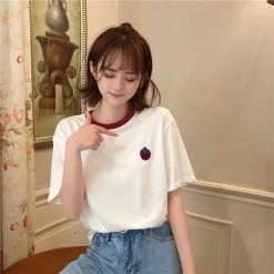 Cute Pink Strawberry Embroidered Loose T-shirt 9 Cute Pink Strawberry Embroidered Loose T-shirt -Kawaii Fashion Shop Strawberry Embroidered Causal Loose Patckwork Short Sleeve Vintage Street 2021 New Arrival Women T shirt 2