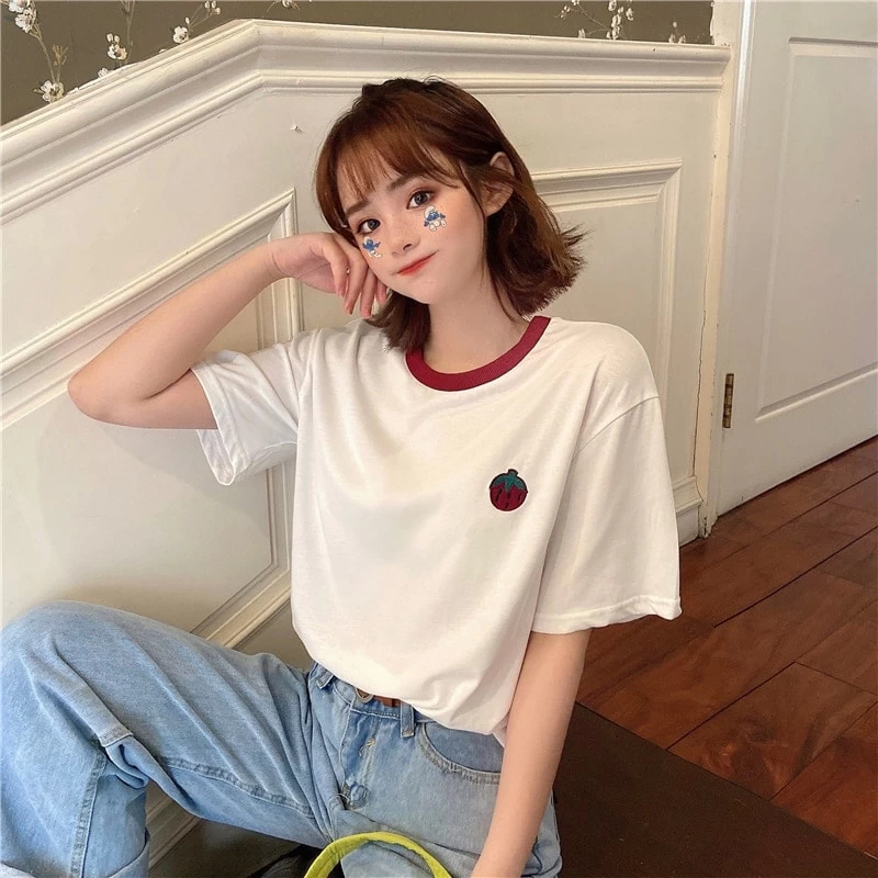 Cute Pink Strawberry Embroidered Loose T-shirt 6 Cute Pink Strawberry Embroidered Loose T-shirt - Image 4