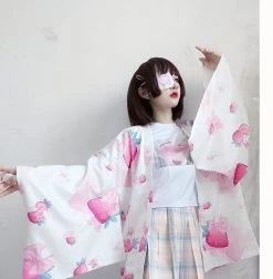 Strawberry Print Loose Cardigan Kimono Outerwear -Kawaii Fashion Shop Strawberry Rabbit Women s Japanese Kimono Style Kawaii Sweet Girl Trench Cute Lolita Loose Outwear 4 5