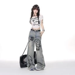 Summer Blue Cartoon Puppy Graffiti Print Wide-leg Jeans -Kawaii Fashion Shop Summer Blue Cartoon Puppy Graffiti Print Wide leg Jeans 3