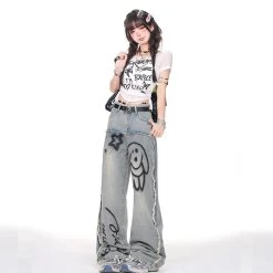 Summer Blue Cartoon Puppy Graffiti Print Wide-leg Jeans -Kawaii Fashion Shop Summer Blue Cartoon Puppy Graffiti Print Wide leg Jeans 4