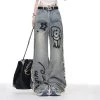 Summer Blue Cartoon Puppy Graffiti Print Wide-leg Jeans -Kawaii Fashion Shop Summer Blue Cartoon Puppy Graffiti Print Wide leg Jeans 5