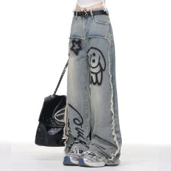 Summer Blue Cartoon Puppy Graffiti Print Wide-leg Jeans -Kawaii Fashion Shop Summer Blue Cartoon Puppy Graffiti Print Wide leg Jeans 6