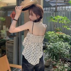 Kawaii Dot Tank Top 10 Kawaii Dot Tank Top -Kawaii Fashion Shop Summer Camis Women Polka Dot Sweet Backless Ladies Tanks Tops Simple Korean Trendy Temperament Streetwear Fashion 3