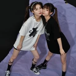 Summer Cartoon Bear Print Mid-length T-shirt 12 Summer Cartoon Bear Print Mid-length T-shirt -Kawaii Fashion Shop Summer Cartoon Bear Print Mid length T shirt 6